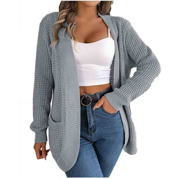 Odeerbi Solid Color Cardigan Sweaters For Women 2025 Fashion Long Sleeve Sweater Top with Pocket Gray