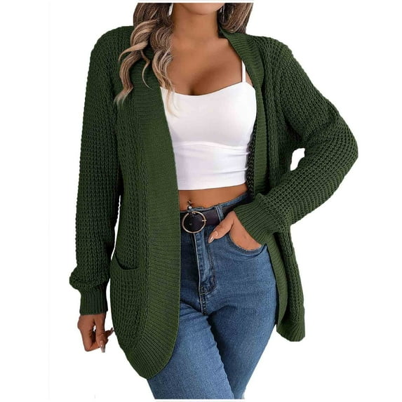 Odeerbi Solid Color Cardigan Sweaters For Women 2025 Fashion Long Sleeve Sweater Top with Pocket Olive Green