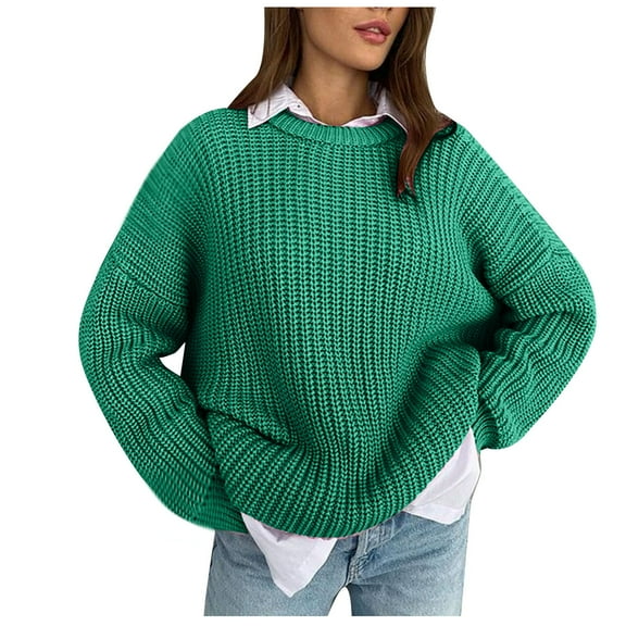 Odeerbi Solid Color Chunky Knit Sweater For Women Fall Winter Loose Sweaters 2025 New Round Neck Long Sleeve Leisure Sweater Green