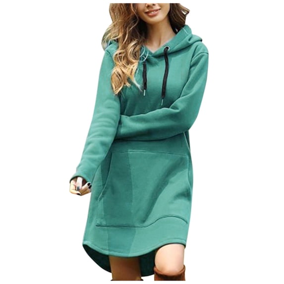 Odeerbi Solid Color Dress for Women Casual Long-sleeve Pocket Pullover Hoodie Dress Green