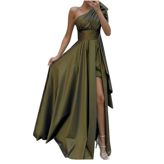 Odeerbi Solid Color Dress for Women 2025 Fashion Casual Solid Rhinestone One Shoulder Evening Dresses Olive Green