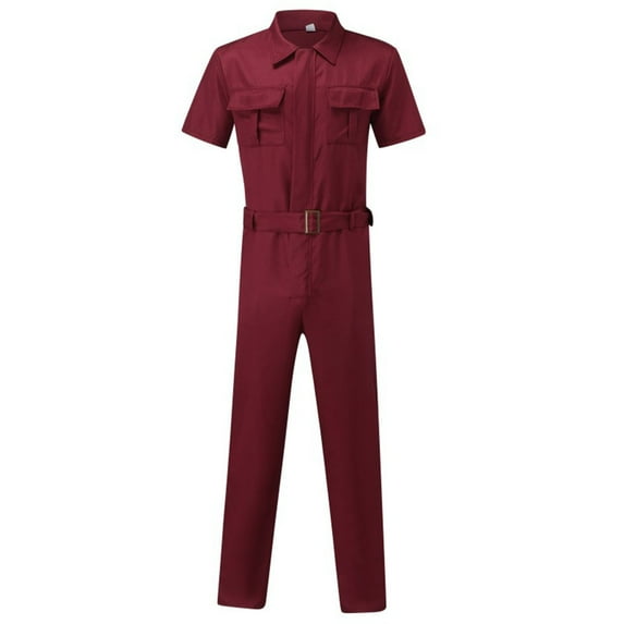 Odeerbi Solid Color Jumpsuits for Men 2024 Zipper Overalls Lapel Solid Color Jumpsuit Suit Thin Breathable Suit Burgundy