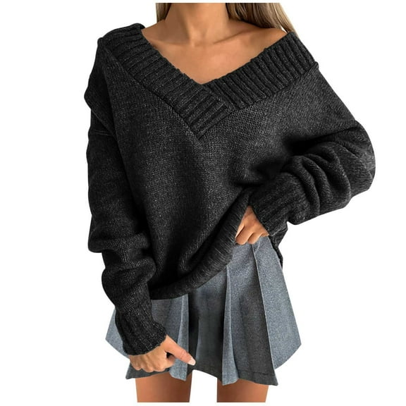 Odeerbi Solid Color Knit Sweaters For Women Fall Winter Loose V Neck Sweater 2025 Casual Long Sleeve Sweater Top Black
