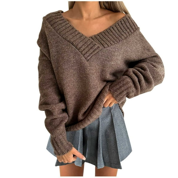 Odeerbi Solid Color Knit Sweaters For Women Fall Winter Loose V Neck Sweater 2025 Casual Long Sleeve Sweater Top Coffee