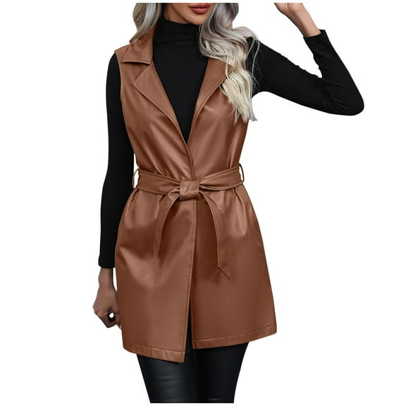 Odeerbi Solid Color Leather Vest for Women 2025 Casual Collar Turndown Neck Outwear Faux Regular Botton Hoodless Denim Outwear Sleeveless Tops Brown