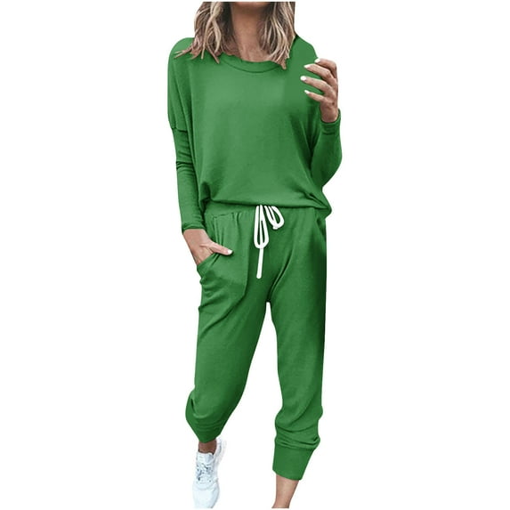 Odeerbi Solid Color Lounge Sets for Women Solid Long Sleeve Sport Pullover Leisure Tops + Pants Set Green