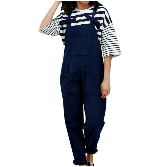 Odeerbi Solid Color Overalls for Women 2025 Fashion Casual Comfortable Solid Color Pocket Full Length Pants Overalls Blue