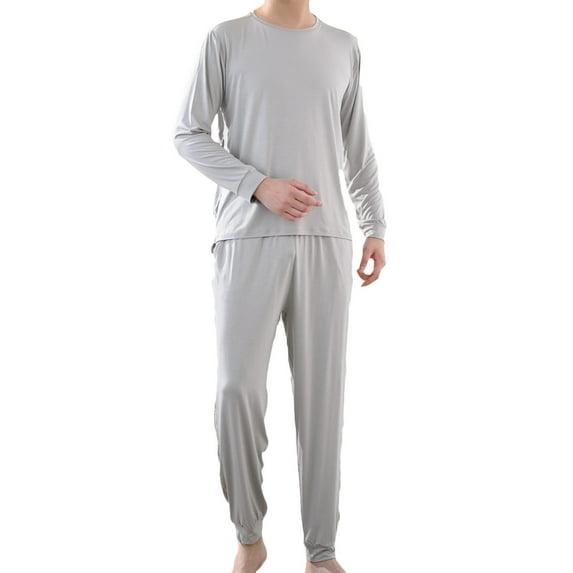 Odeerbi Solid Color Pajama Sets for Men 2-piece 2025 Long Sleeve Pajamas Long Pants Pocket Pajama Pants Drawstring Elastic Belt Casual Pants Pajamas Two-piece Set Gray