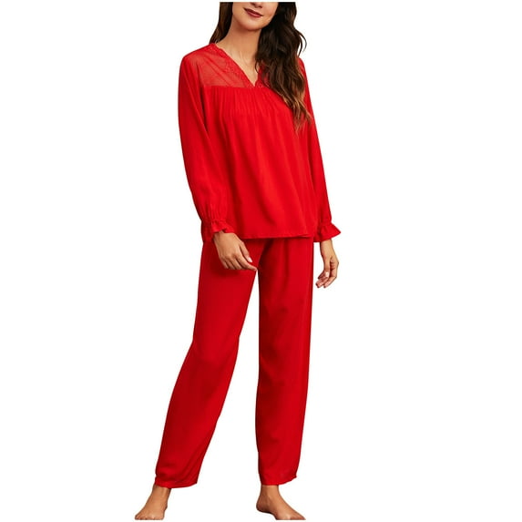 Odeerbi Solid Color Pajama Sets for Women 2-piece Two Piece Outfits Long Sleeve Solid Color Tops With High Waist Pants Pajama Sets Red
