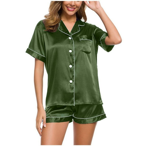 Odeerbi Solid Color Pajama Sets for Women 2-piece 2025 Summer Satin Fashion Loose Casual Half V-Neck Solid Mid-Calf Shirt Pajama Sets Olive Green
