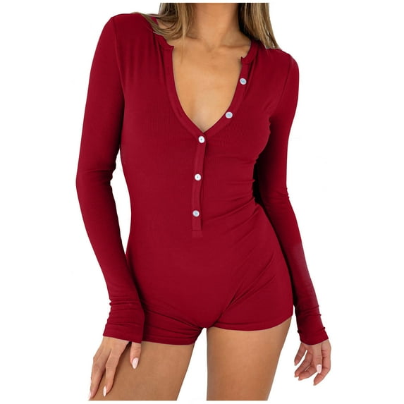 Odeerbi Solid Color Pajama Top for Women 2024 Sexy Bodysuit V-Neck Long Sleeve Yoga Rompers Workout Ribbed Pajamas Sport Jumpsuits Rompers Burgundy