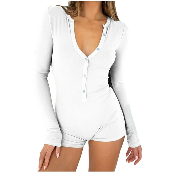 Odeerbi Solid Color Pajama Top for Women 2025 Sexy Bodysuit V-Neck Long Sleeve Yoga Rompers Workout Ribbed Pajamas Sport Jumpsuits Rompers White