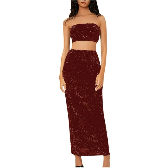 Odeerbi Solid Color Sequin Dress for Women 2024 Sequin Fashion Solid Color Zipper Tops And Skirt Two-Piece Suits Hot Pink