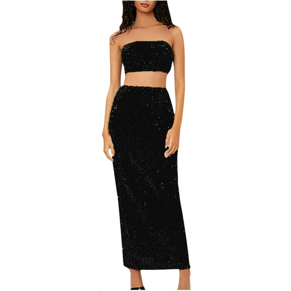 Odeerbi Solid Color Sequin Dress for Women 2025 Sequin Fashion Solid Color Zipper Tops And Skirt Two-Piece Suits Black