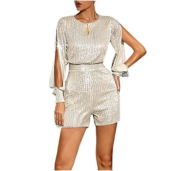 Odeerbi Solid Color Sequin Jumpsuits for Women 2025 Fashion Ethnic Style Solid Cold Shoulder Pants Suspender Long Sleeve Jumpsuit Beige