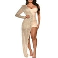 thumbnail image 1 of Odeerbi Solid Color Sequin Jumpsuits for Women 2025 Fashion Solid Color Sexy Off Shoulder Sequin Sleeve Jumpsuit Beige, 1 of 5