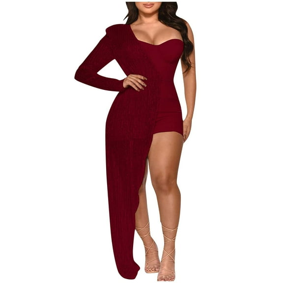 Odeerbi Solid Color Sequin Jumpsuits for Women 2025 Fashion Solid Color Sexy Off Shoulder Sequin Sleeve Jumpsuit Burgundy
