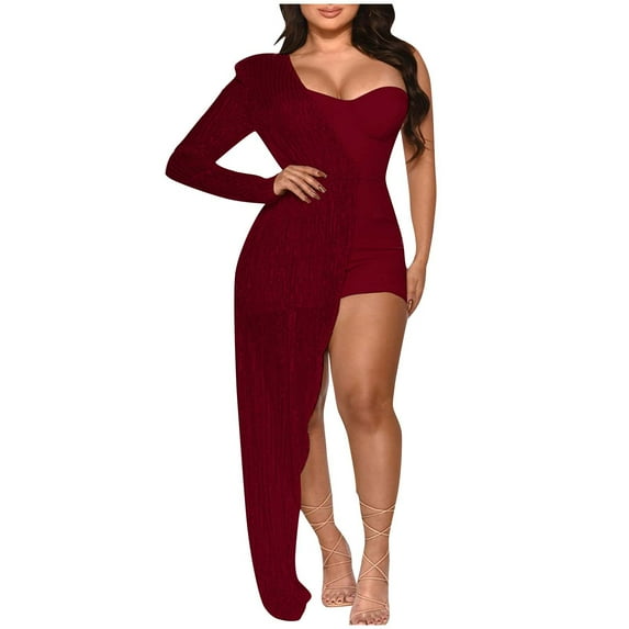 Odeerbi Solid Color Sequin Jumpsuits for Women 2025 Fashion Solid Color Sexy Off Shoulder Sequin Sleeve Jumpsuit Burgundy