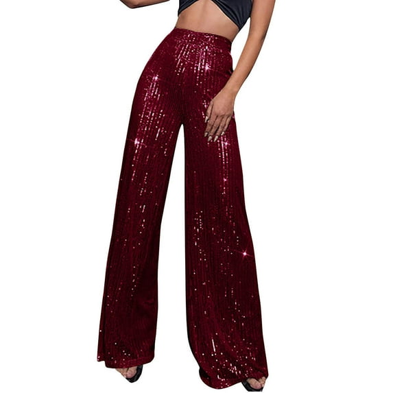 Odeerbi Solid Color Sequin Wide Leg Pants for Women 2025 Sequin Fashion Elegant High Waist Wide Leg Pants Trousers Flare Trousers Zipper Pants Burgundy