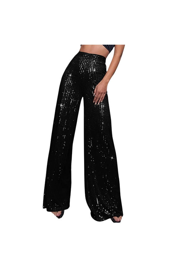 Solid Color Sequin Wide Leg Pants for Women 2025 Sequin Fashion Elegant High Waist Wide Leg Pants Trousers Flare Trousers Zipper Pants Black