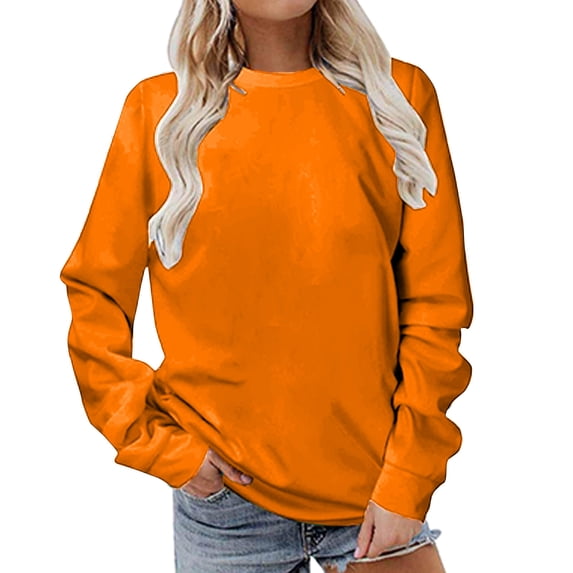 Odeerbi Solid Color Sweatshirt for Women Long Sleeves Casual Solid Color Crewneck Pullover Sweatshirt Tunic Tops Orange