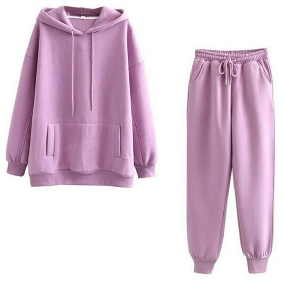 Odeerbi Solid Color Sweatsuits 2 Piece Set for Women 2025 Fashion Color Sets Hood Wear Lounge Wear Suit Sport Set Tops+Pants Purple