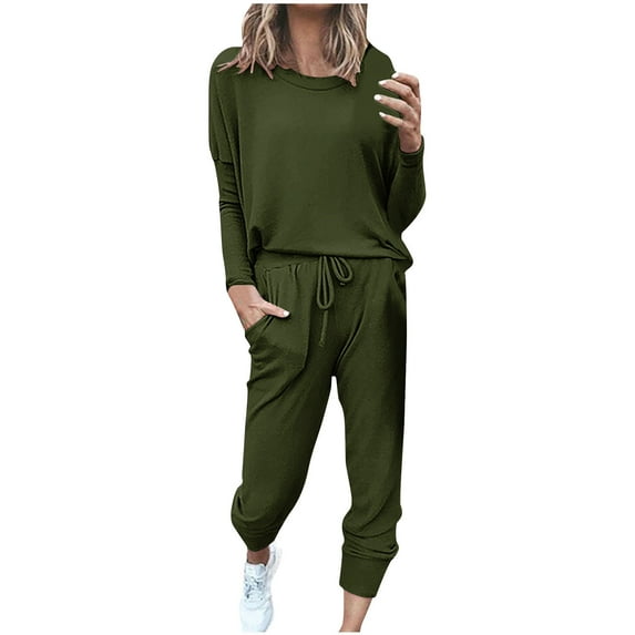 Odeerbi Solid Color Sweatsuits 2 Piece Set for Women 2025 Fashion Color Sets Fall Outfits Hood Wear Lounge Wear Suit Sport Set Tops+Pants Olive Green