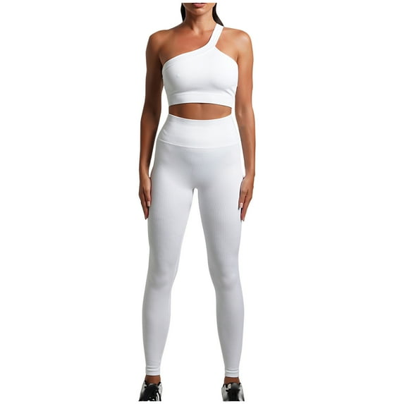 Odeerbi Solid Color Sweatsuits 2 Piece Set for Women Neck Sports Tight Yoga High Waist Solid Color Sleeveless Set Yoga Clothing Set White