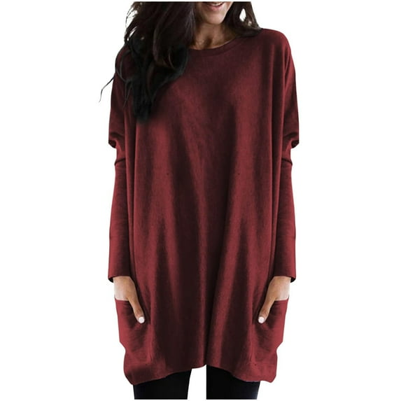 Odeerbi Solid Color Tops for Women Casual Loose Tunic Tops Long Sleeve Round Neck Printed Fashion Shirt With Pocket Burgundy