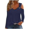 thumbnail image 1 of Odeerbi Solid Color Tops for Women Fashion Casual Solid Off Shoulder Long Sleeve Pullover Long Sleeve Top Long Sleeve V-Neck Top/Shirt Dark Blue, 1 of 5
