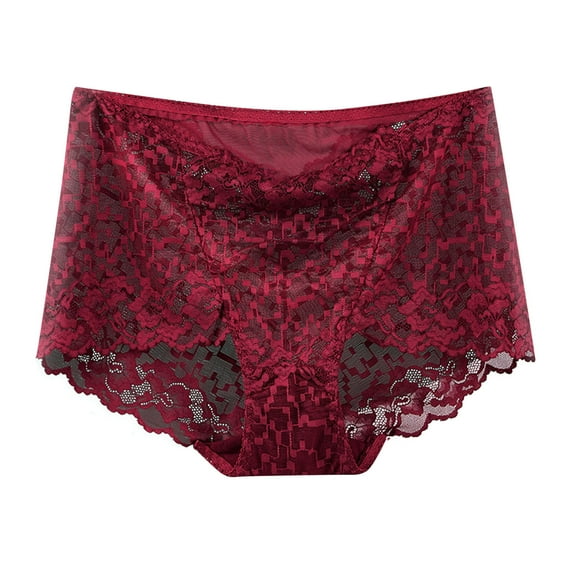 Odeerbi Solid Color Underwear for Women 2025 Solid Color High Waisted Mesh Breathable And Sexy Lace Hollow Underwear Panties Burgundy