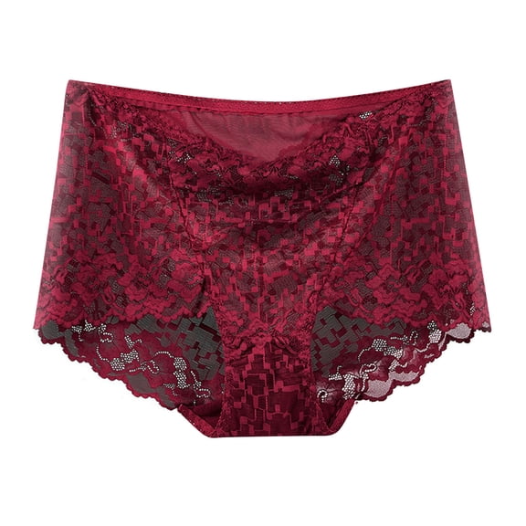 Odeerbi Solid Color Underwear for Women 2025 Solid Color High Waisted Mesh Breathable And Sexy Lace Hollow Underwear Panties Burgundy