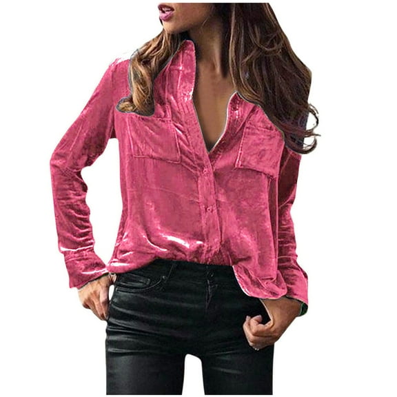 Odeerbi Solid Color Velvet Shirts for Women 2025 Ladies Solid Button Collar Tops Loose Tops Casual T-Shirts Long Sleeve Blouse Pink