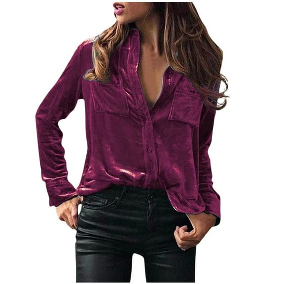 Odeerbi Solid Color Velvet Shirts for Women 2025 Ladies Solid Button Collar Tops Loose Tops Casual T-Shirts Long Sleeve Blouse Purple
