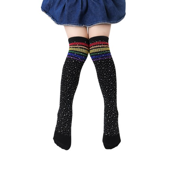 Odeerbi Sparkly Rhinestone Thigh High Socks for Kids Boys Girls Cotton Thigh Stocking Student Children's Colorful Rainbow Over The Knee High Socks