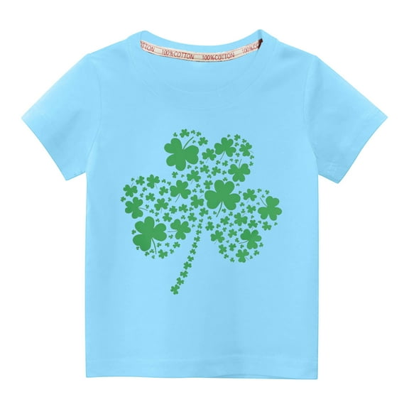Odeerbi St. Patrick's Day T-Shirt Kids Boys Girls Clothes Toddler Fashion Cute Round Neck Four Leaf Clovers Print Short Sleeve Top