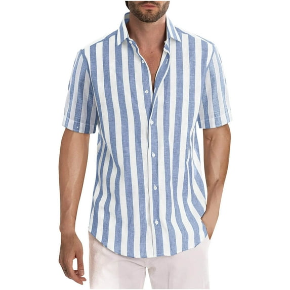 Odeerbi Striped Hawaiian Shirt for Men Summer Beach Shirt Slim Short Sleeve Shirt Holiday Tops Blue