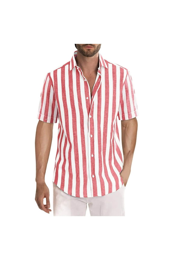 Striped Hawaiian Shirt for Men Summer Beach Shirt Slim Short Sleeve Shirt Holiday Tops Hot Pink