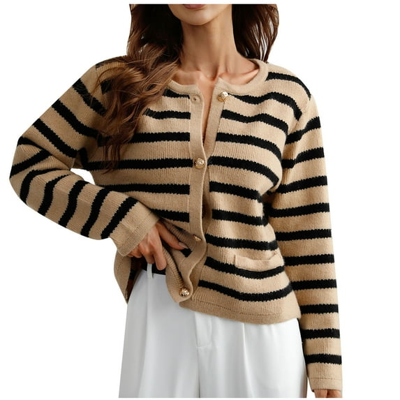 Odeerbi Striped Knit Cardigan Sweaters For Women Loose Winter Sweater 2024 Fashion Border Single Breasted Sweater Khaki