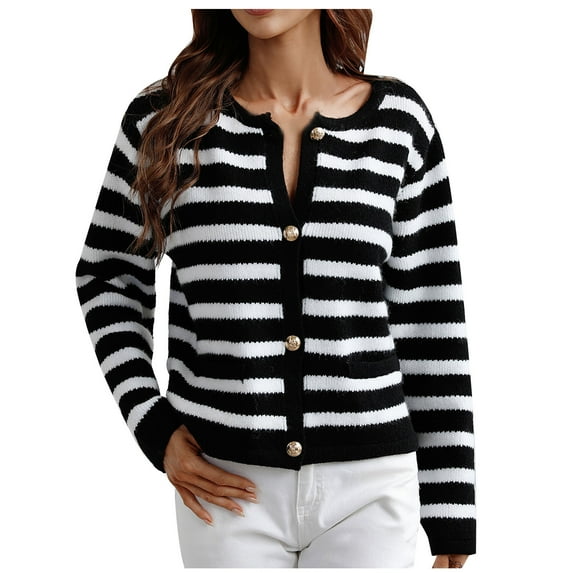 Odeerbi Striped Knit Cardigan Sweaters For Women Loose Winter Sweater 2025 Fashion Border Single Breasted Sweater Black