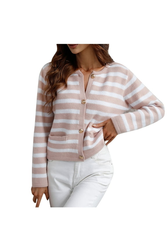 Striped Knit Cardigan Sweaters For Women Loose Winter Sweater 2025 Fashion Border Single Breasted Sweater Pink