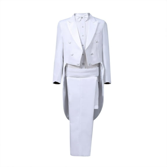 Odeerbi Suit Sets for Men Dress Tuxedo Suit Performance Clothes Magician Stage Performance Clothes Four-piece Suit White