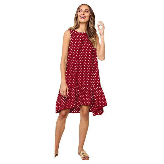 Odeerbi Summer 2024 Casual Dresses for Women Fashion Round Neck Sleeveless Loose Large Swing Ruffle Dress Red