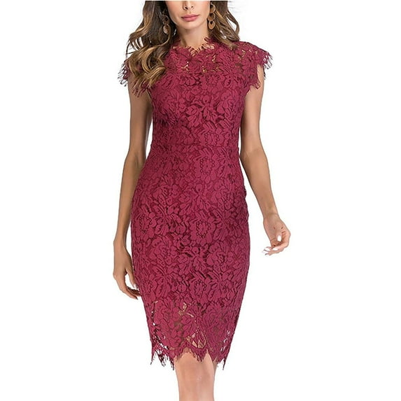 Odeerbi Summer 2025 Casual Dresses for Women Fashion Sleeveless Lace Zipper Sexy Solid Color Club Dress Burgundy