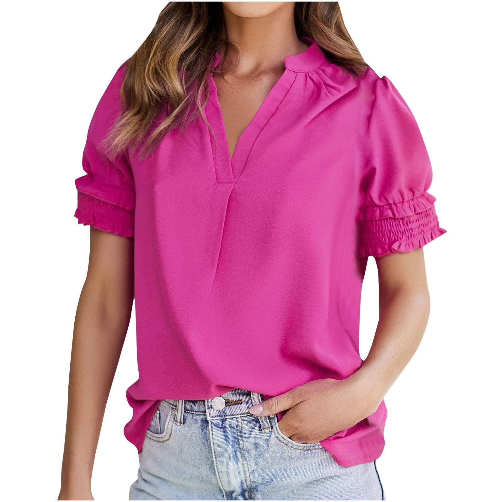 Odeerbi Summer 2024 Casual Elegant Tops for Women Fashion Solid Color  Blouse V-Neck Short Sleeve Loose T-shirt Hot Pink