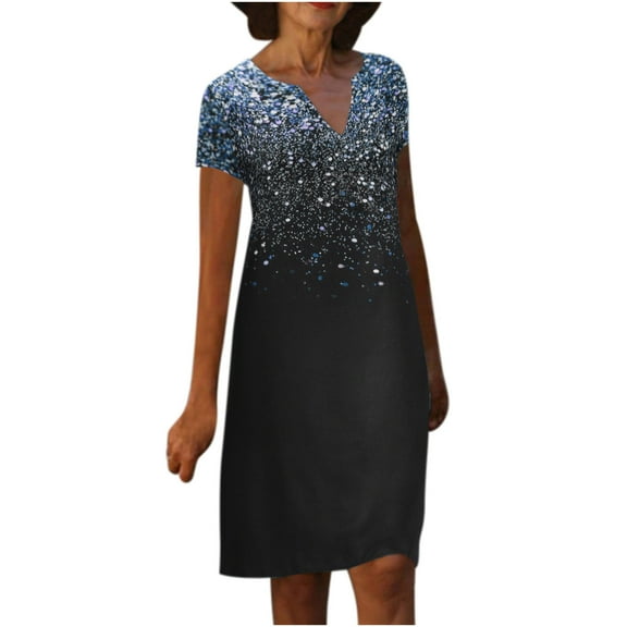 Odeerbi Summer 2025 Casual Dresses for Women Fashion Pullover Short Sleeve Print Loose Waist Midi Skirt Dress Blue