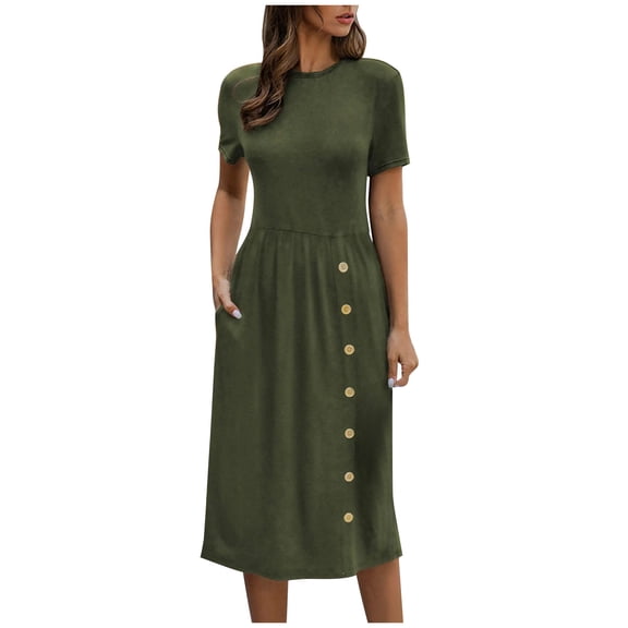 Odeerbi Summer 2025 Casual Dresses for Women Fashion Solid Short Sleeve Round Neck Maxi Loose Dress Olive Green
