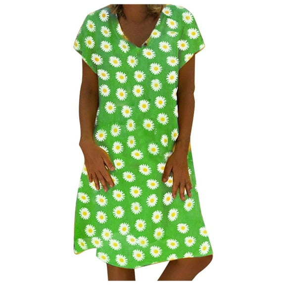Odeerbi Summer 2025 Casual Dresses for Women Plus Size Daisy Printed V-Neck Short Sleeve Loose Knee Length Dres Green