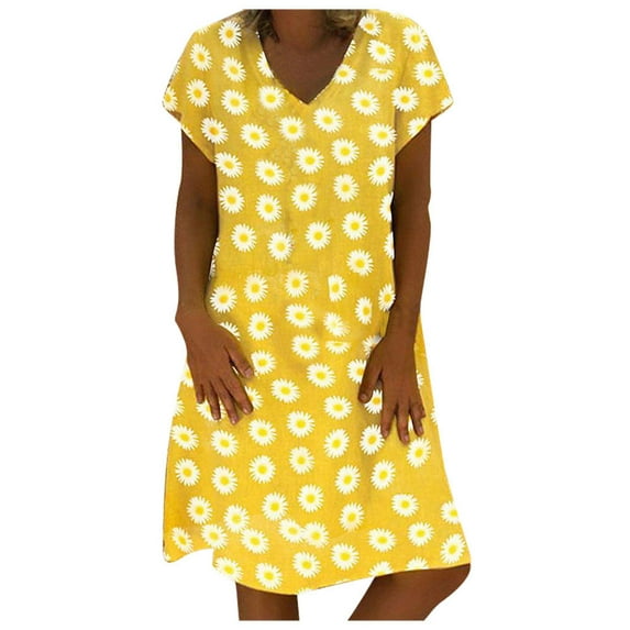 Odeerbi Summer 2025 Casual Dresses for Women Plus Size Daisy Printed V-Neck Short Sleeve Loose Knee Length Dres Yellow
