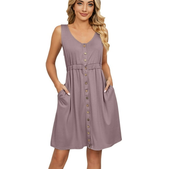 Odeerbi Summer 2025 Casual Dresses for Women Sleeveless V-Neck Solid Color Pocket Makings Dress Purple